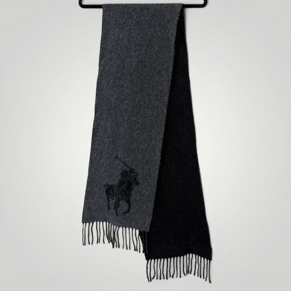 Polo Ralph Lauren Scarf Mens Gray Reversible Wool Fringe Italy Big Pony Logo